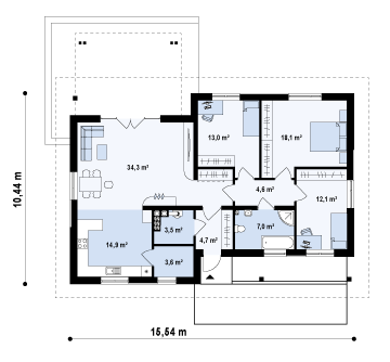 Проект практичного одноэтажного дома из кирпича с двумя частично крытыми террасами / План 1 этажа