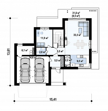 Проект двухэтажного загородного дома с подвалом, гаражом на 2 машины, кабинетом, мастер-спальней  с балконом / План 1 этажа
