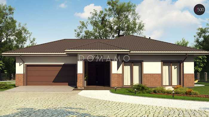 Проект просторного одноэтажного дома из кирпича с тремя спальнями, большой гостиной-столовой и гаражом на два автомобиля