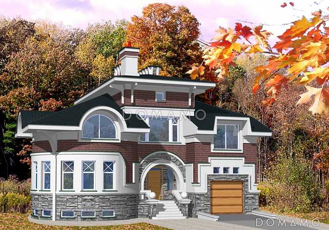 Проект коттеджа с круглой гостиной и гаражом