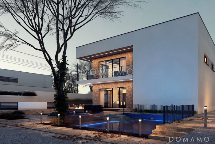 Проект современного двухэтажного дома из кирпича с плоской крышей, с четырьмя комнатами, гаражом и угловой лоджией