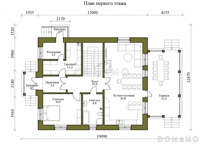 Проект двухэтажного дома с бильярдной и мансардой / План 1 этажа
