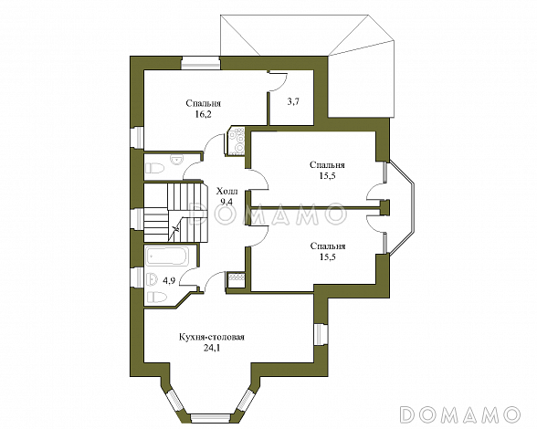 Проект трёхэтажного коттеджа с гаражом, подвалом и бассейном / План 2 этажа