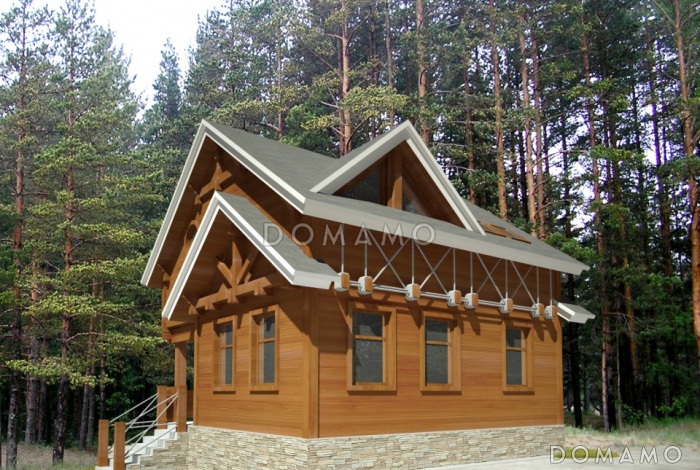 Проект малогабаритного дома с кладовой в подвале, зоной отдыха, двумя спальнями, окном в ванной