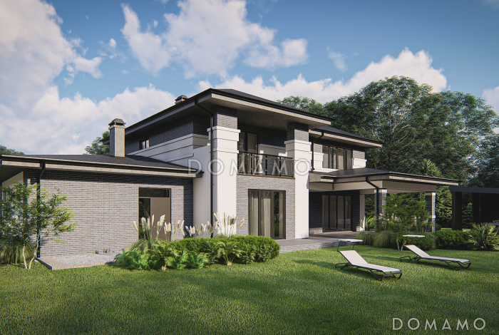 Проект загородного дома с гаражом и навесом, гостиной с эркером, большой прихожей