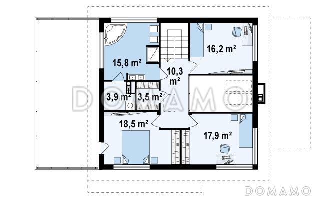 Проект простого комфортного двухэтажного дома из газобетона с тремя спальнями, вторым светом, большим гаражом и террасой над ним / План 2 этажа