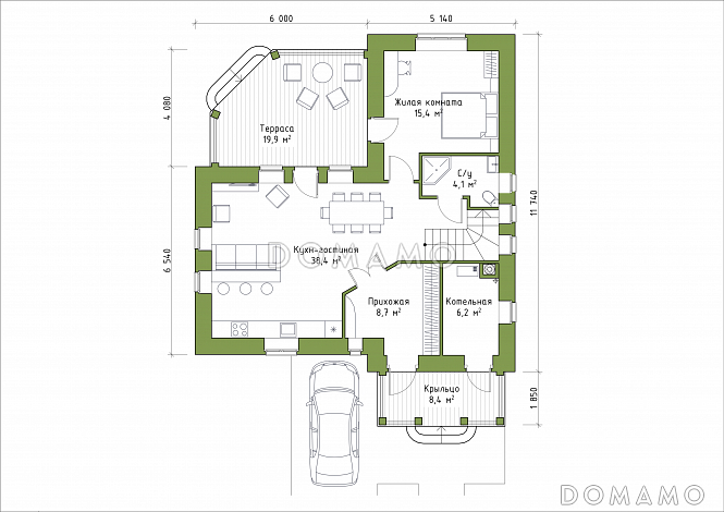 Проект углового коттеджа с большой террасой / План 1 этажа