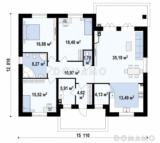 Проект одноэтажного дома из газобетона с тремя спальнями и небольшой крытой угловой террасой / План 1 этажа