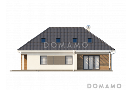 Проект одноэтажного мансардного дома из газобетона с гостевой спальней и кабинетом на первом этаже и встроенным гаражом / Фасад 3