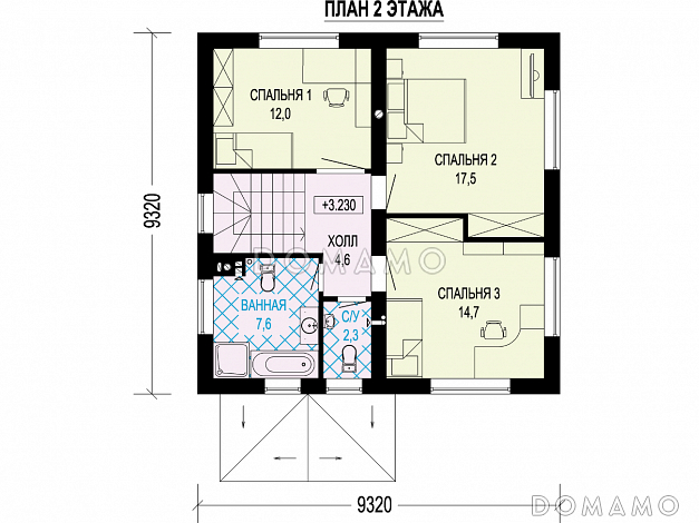 Проект загородного дома с крышей Судейкина, с отдельным входом в котельную,  спальней на первом этаже, ванной и санузлом на втором этаже / План 2 этажа