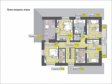 Загородный дом с окнами в пол, с тремя террасами и лоджией / План мансардного этажа