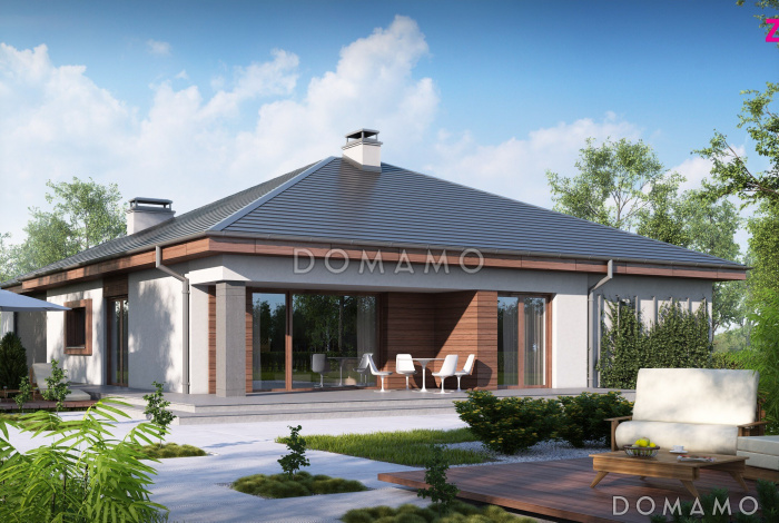 Проект удобного одноэтажного дома из кирпича с тремя спальнями, кабинетом и фронтальным гаражом