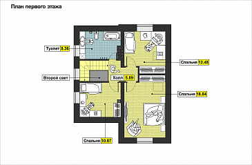 Проект дома с навесом для машины, котельной-постирочной, совмещенной кухней и гостиной / План мансардного этажа