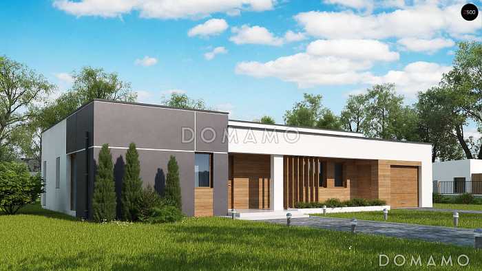 Проект современного одноэтажного дома из кирпича с плоской крышей с тремя спальнями и гаражом