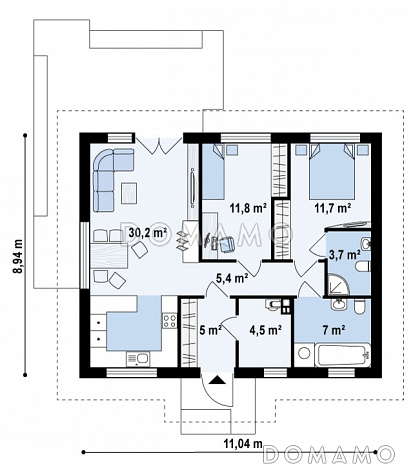 Проект простого компактного одноэтажного дома из газобетона с открытой террасой  / План 1 этажа