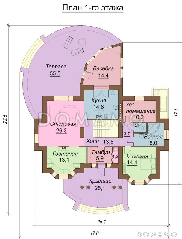 Проект одноэтажного дома с мансардным и цокольным этажами, с двумя эркерами / План 1 этажа