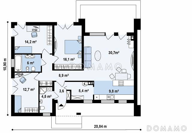 Проект просторного современного одноэтажного дома из газобетона с  тремя спальнями, без гаража / План 1 этажа