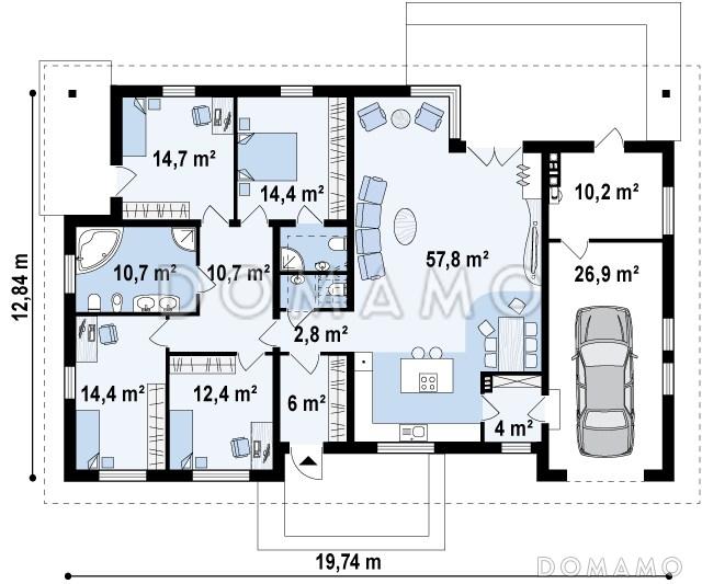 Проект просторного одноэтажного дома из кирпича со встроенным гаражом / План 1 этажа