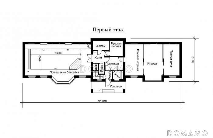 Проект отдельностоящего здания с бассейном, игровой и спортивным залом / План 1 этажа