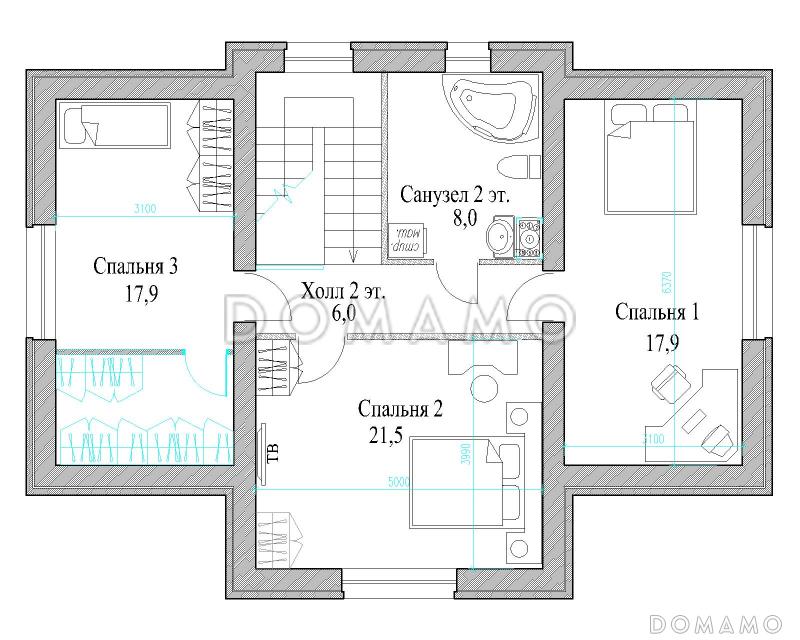 Проект полутораэтажного коттеджа с яркой облицовкой и открытой террасой / План мансардного этажа