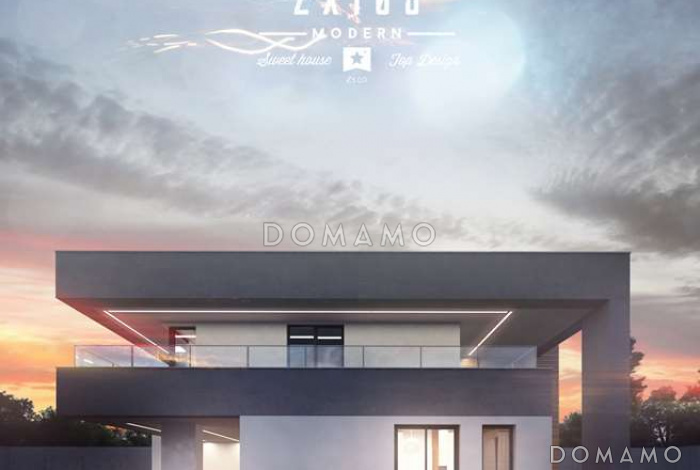 Проект большого современного двухэтажного дома из газобетона с большой площадью остекления, гаражом и просторными террасами на обоих уровнях