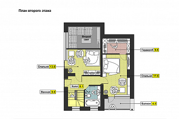 Проект дома с открытой террасой, камином в гостиной, санузлом с окном, вторым светом / План мансардного этажа