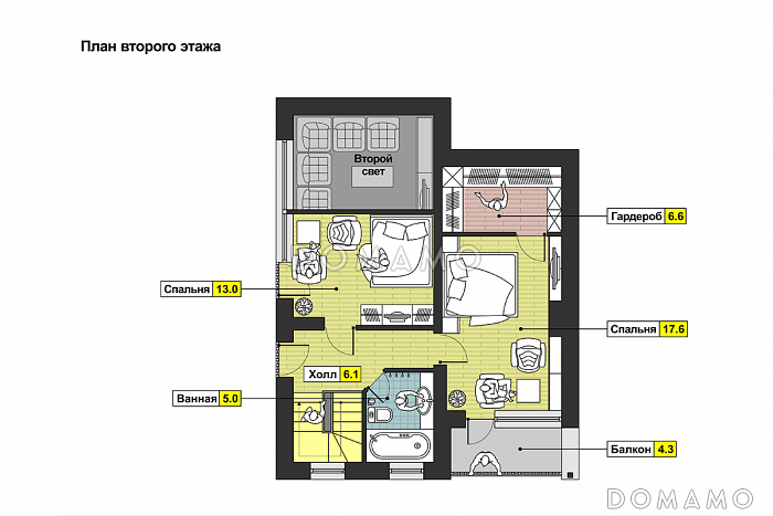 Проект дома с открытой террасой, камином в гостиной, санузлом с окном, вторым светом / План мансардного этажа