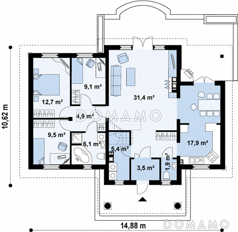 Проект одноэтажного дома из кирпича со свободной планировкой на мансардном этаже / План 1 этажа