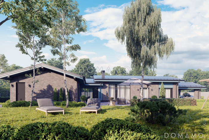 Проект одноэтажного Г-образного дома из кирпича с мастер-спальней, теплой террасой, парной и навесом для двух машин