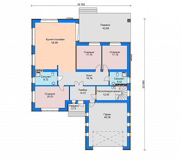 Проект одноэтажного дома с широкой террасой, кухней-столовой, гаражом / План 1 этажа