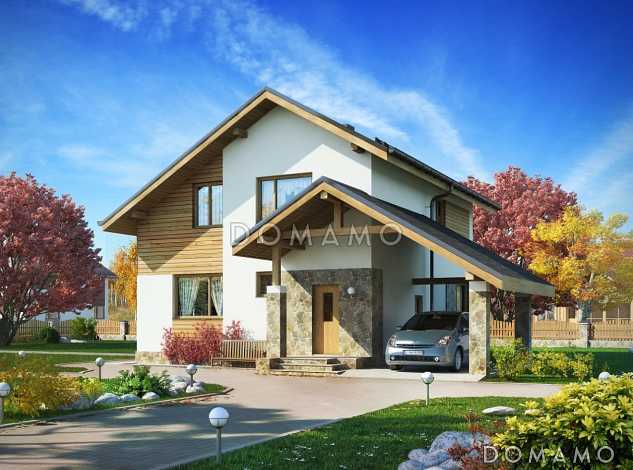 Проект загородного дома с мансардой и навесом для машины