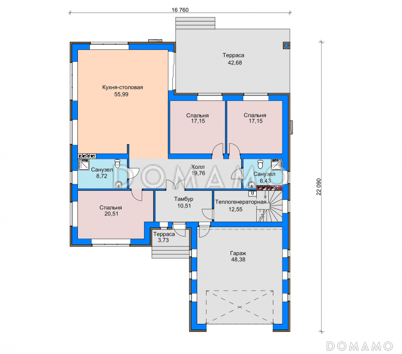 Проект одноэтажного дома с широкой террасой, кухней-столовой, гаражом / План 1 этажа