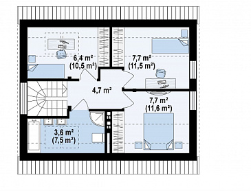 Проект компактного одноэтажного мансардного дома из кирпича с дополнительной спальней на первом этаже и тремя спальнями на мансарде / План мансардного этажа