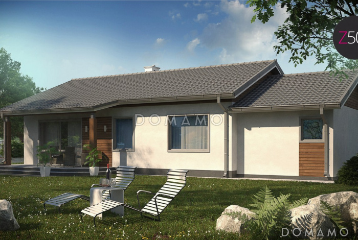 Проект компактного одноэтажного дома из газобетона с тремя спальнями, небольшой крытой террасой и гаражом