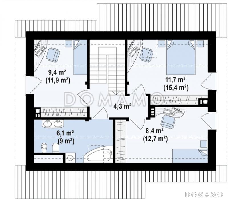 Проект компактного одноэтажного мансардного дома из газобетона с кабинетом и тремя спальнями и большой котельной / План мансардного этажа