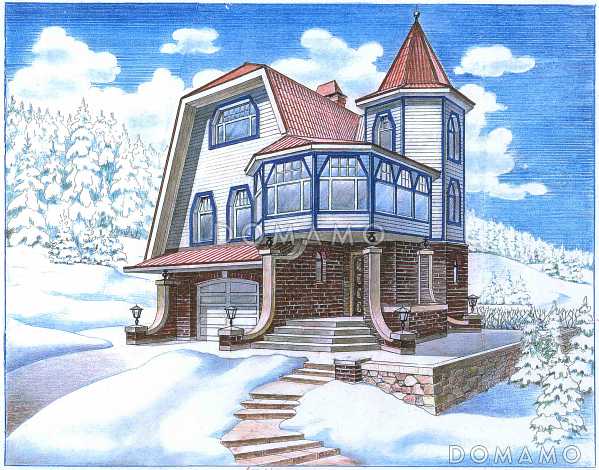 Проект большого коттеджа с башенкой, зимним садом и гаражом