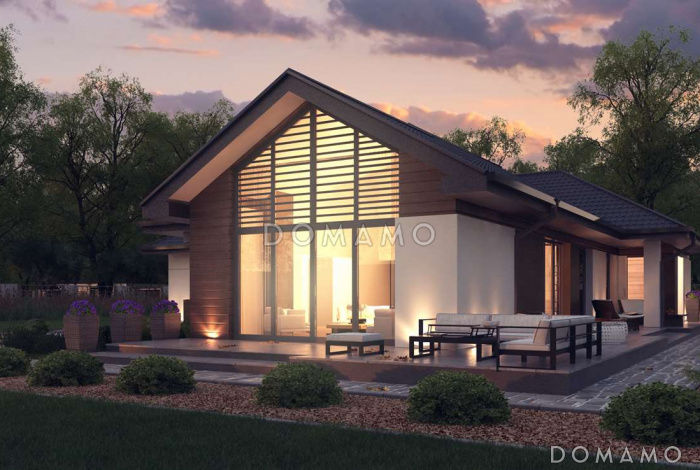 Проект просторного одноэтажного дома из кирпича с четырьмя спальнями, гаражом и панорамным остеклением гостиной