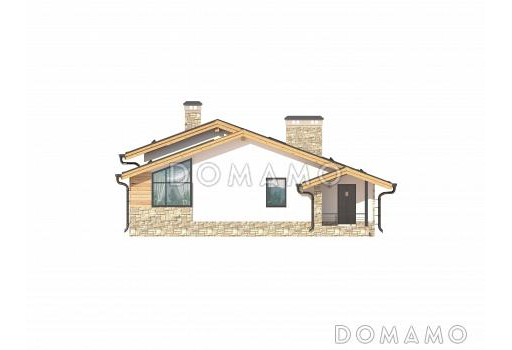 Проект одноэтажного дома с крытой террасой, сауной, тремя спальнями, большой кухней-столовой / Фасад 2