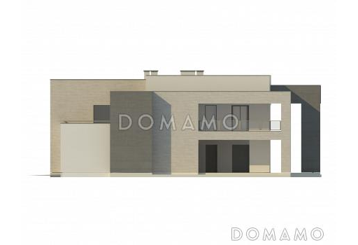 Проект большого современного двухэтажного дома из газобетона необычной формы, с тремя спальнями и кабинетом, сауной и гаражом / Фасад 4