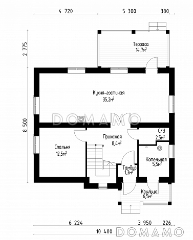 Проект коттеджа из газобетона в стиле шале / План 1 этажа