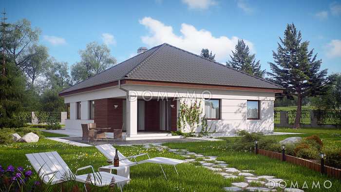 Проект одноэтажного дома с выделенной спальной зоной, просторной гостиной, террасой