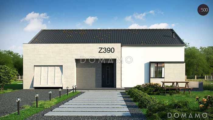 Проект комфортного одноэтажного дома из кирпича с гаражом и панорамным остеклением гостиной