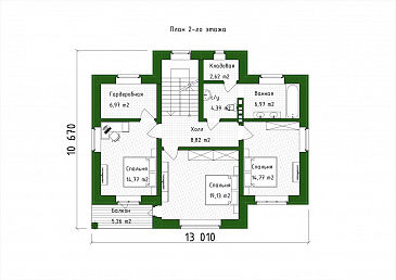Проект двухэтажного дома с большой гостиной, 4 спальнями, террасой и балконом / План 2 этажа