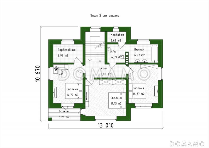 Проект двухэтажного дома с большой гостиной, 4 спальнями, террасой и балконом / План 2 этажа