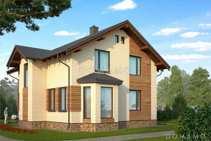 Проект двухэтажного коттеджа с кирпичной отделкой и эркером в гостиной