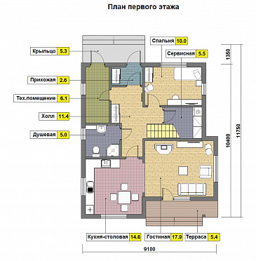 Проект каркасного дома 9 на 10 с четырьмя спальнями на мансарде / План 1 этажа