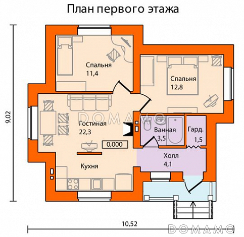 Проект одноэтажного дома из кирпича с многощипцовой крышей / План 1 этажа