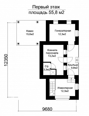 Проект одноэтажного дома вспомогательного назначения с подвалом и комнатой персонала  / План 1 этажа