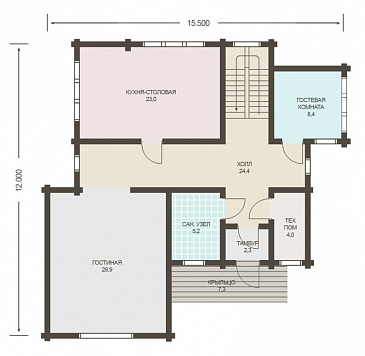 Проект дома из клееного бруса с изолированной кухней-столовой / План 1 этажа