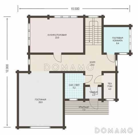 Проект дома из клееного бруса с изолированной кухней-столовой / План 1 этажа